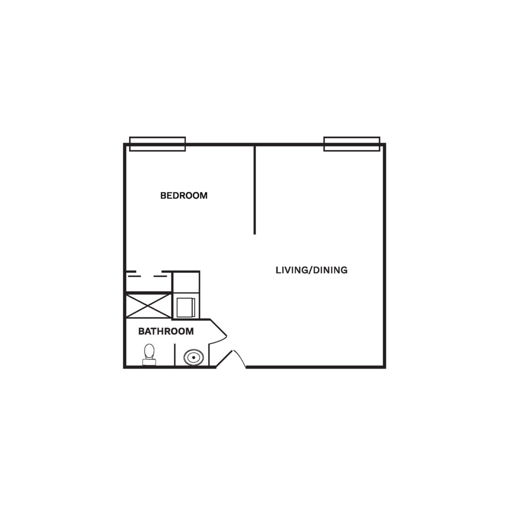 Floor layout for an open concept 435 square foot, one bedroom apartment.