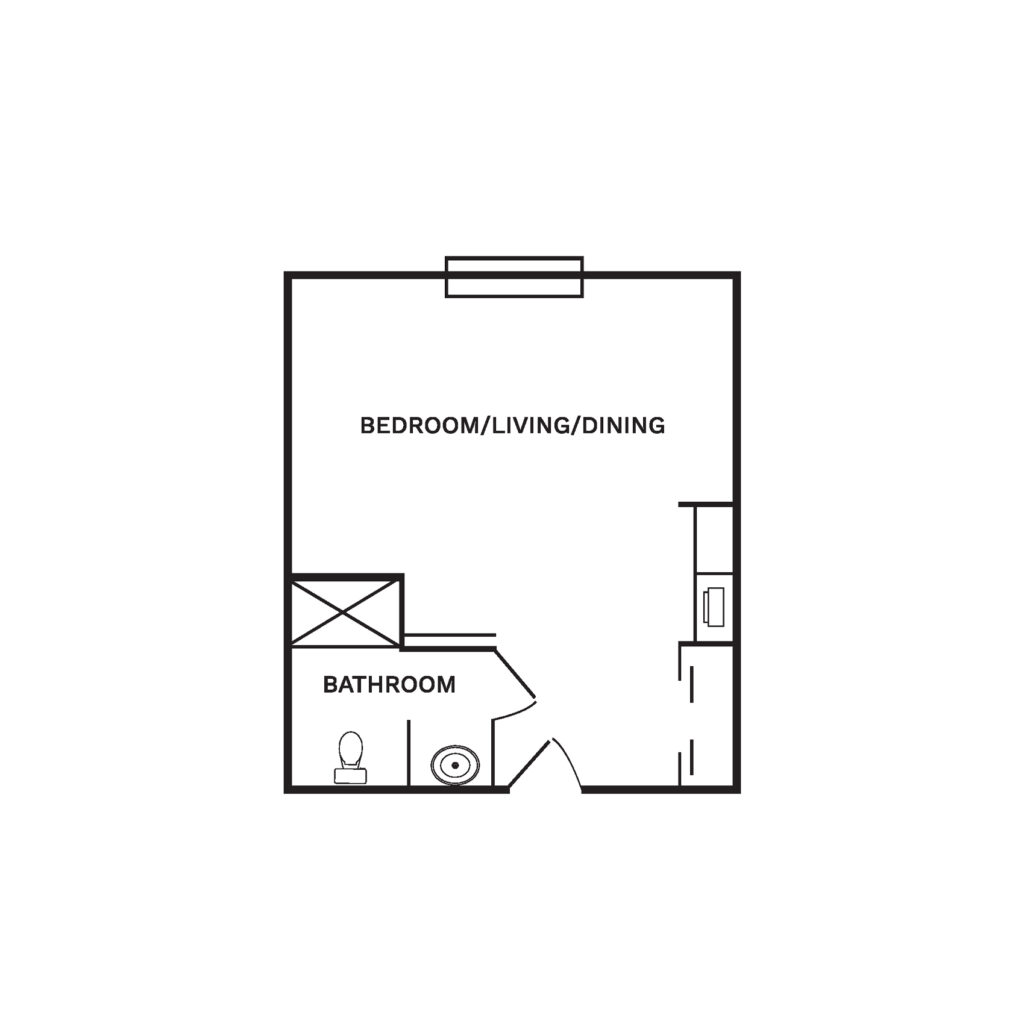 Floor layout for an open concept 270 square foot, one bedroom studio.