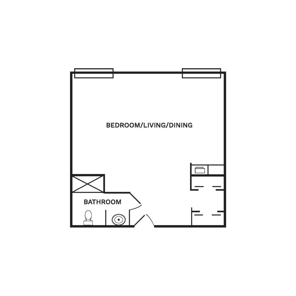 Floor layout for an open concept 335 square foot, one bedroom suite.