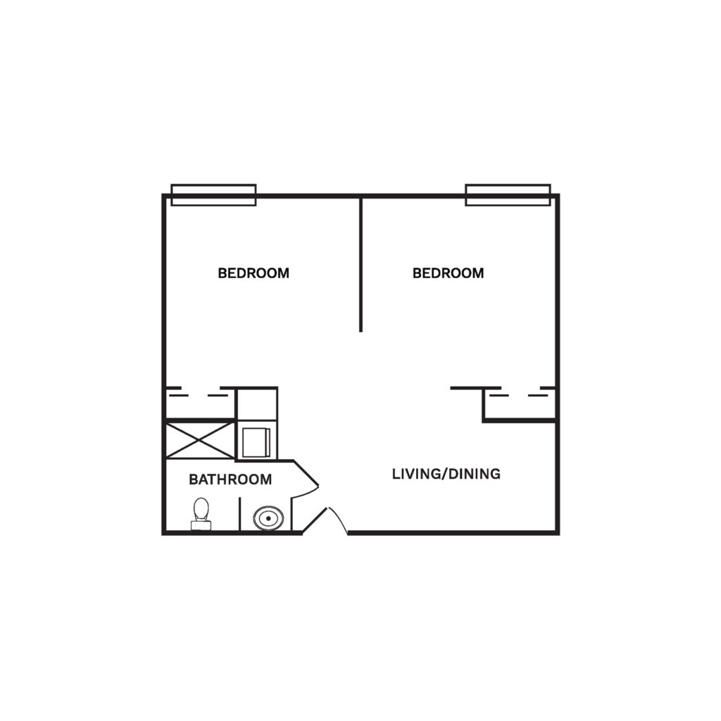 Floor layout for an open concept 435 square foot, two bedroom apartment.
