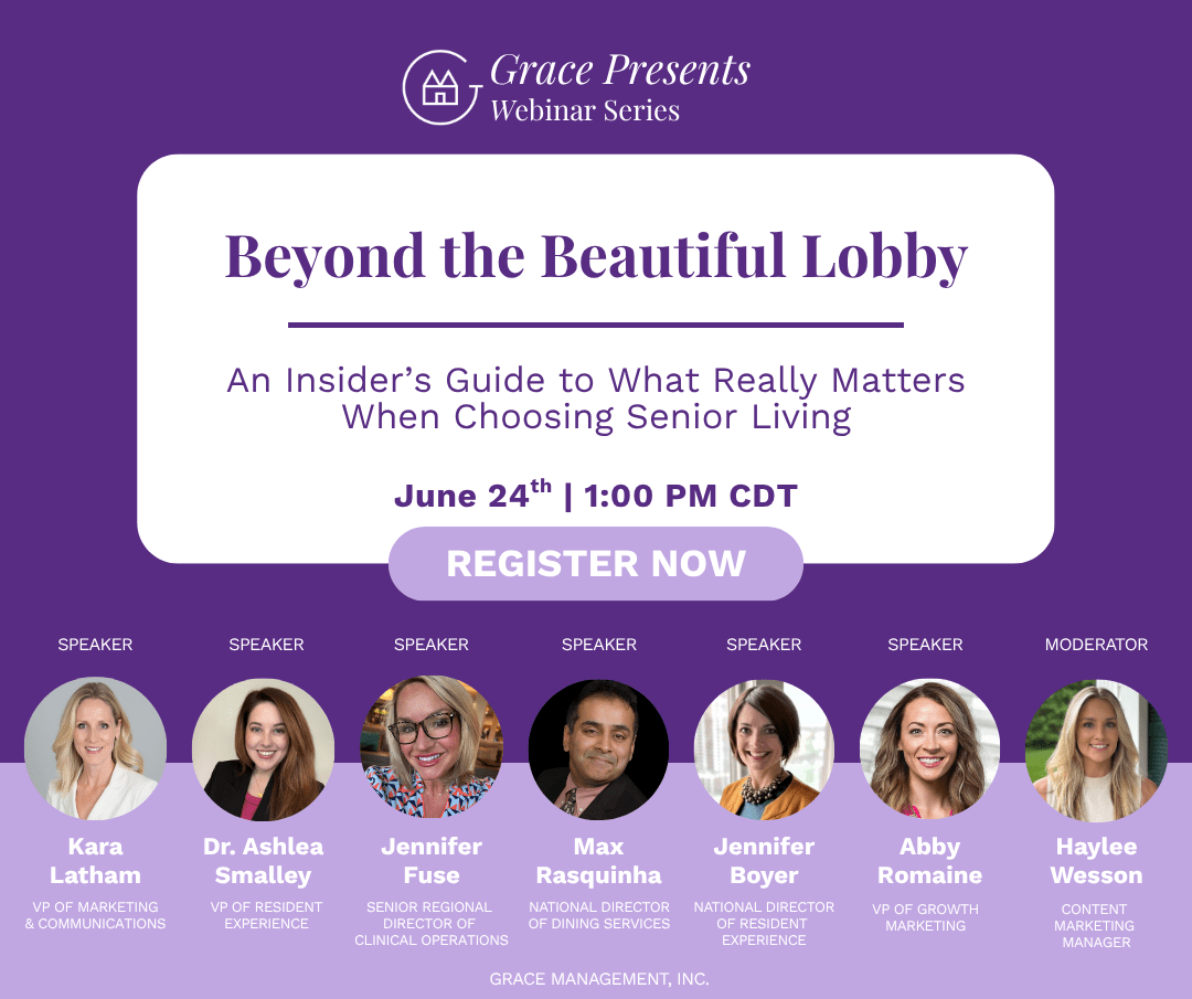 Promotional poster for Grace Presents Webinar Series: 'Beyond the Beautiful Lobby' with date June 24, 1:00 PM CDT and a 'Register Now' button; features seven speakers and a moderator with headshots aligned in a row.